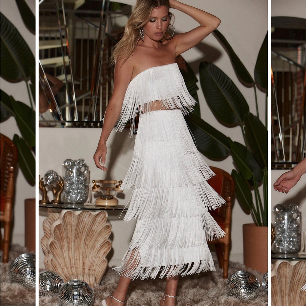 Gatsby White Fringe Midi Skirt & Strapless Top - 12th Tribe